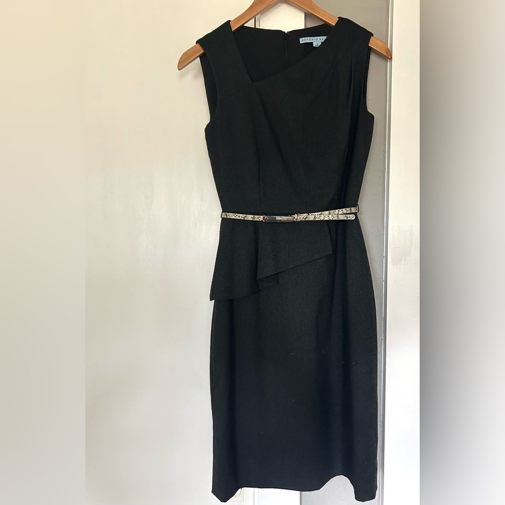 ANTONIO MELANI Black Peplum Asymmetrical Dress with Snakeskin Belt- Sz 0 - Picture 2 of 12